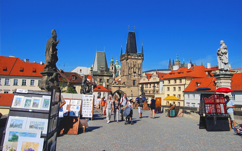 27 - The historic Charles Bridge looking toward the Lesser Town (Malá Strana) and the Malá Strana Bridge Tower in Prague